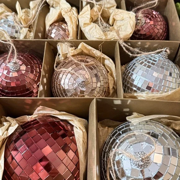 Crate&Barrel Rosy Red, Silver, Pink Disco Ball Ornaments Set 12 - Picture 2 of 14